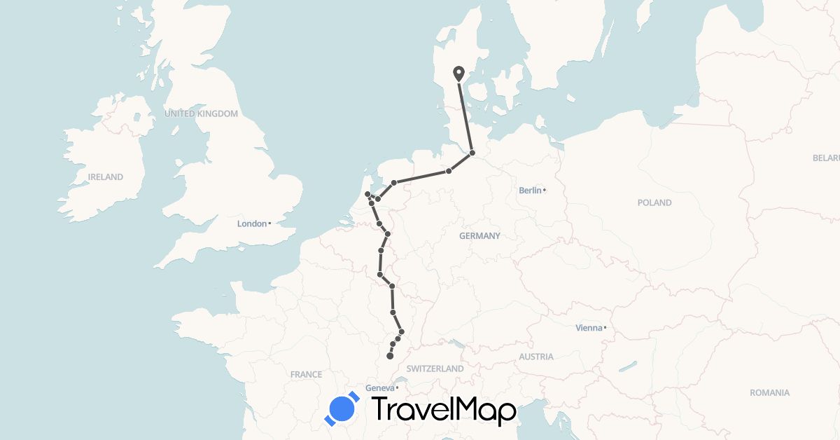 TravelMap itinerary: cycling, motorbike in Belgium, Germany, Denmark, France, Luxembourg, Netherlands (Europe)